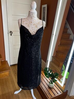 BCBG Black Sequin Cowl Slip Midi Dress with Spaghetti Straps